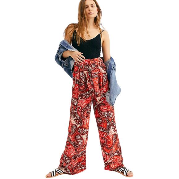 Free People Printed Double Trouble Pants XS Red Wide Leg Paisley Boho Retro - Picture 1 of 9
